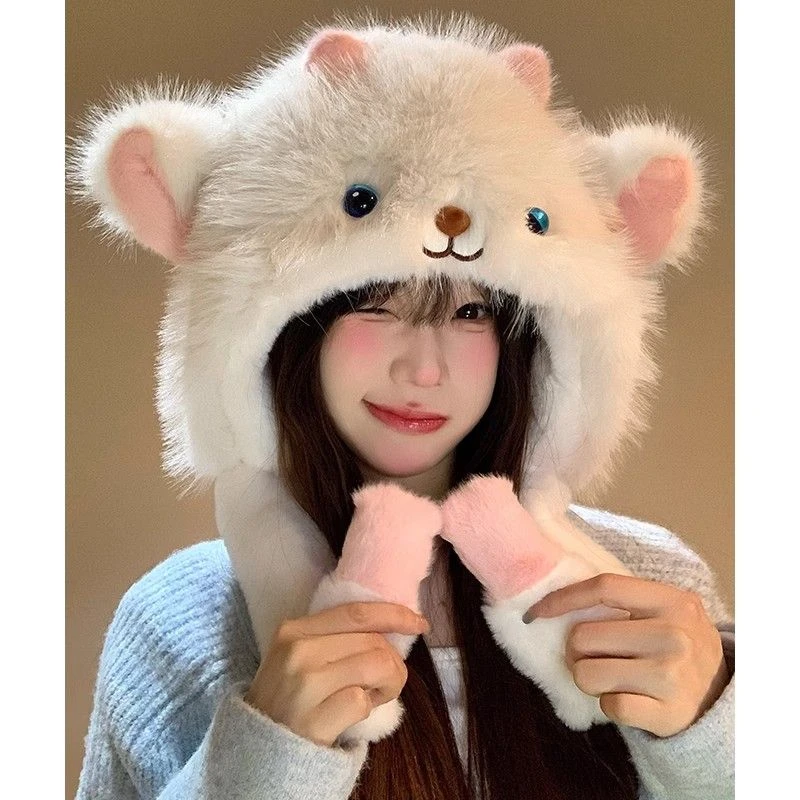 捏耳小羊冬季网红卡通加绒加厚毛线帽子女保暖捏捏耳朵会动防寒