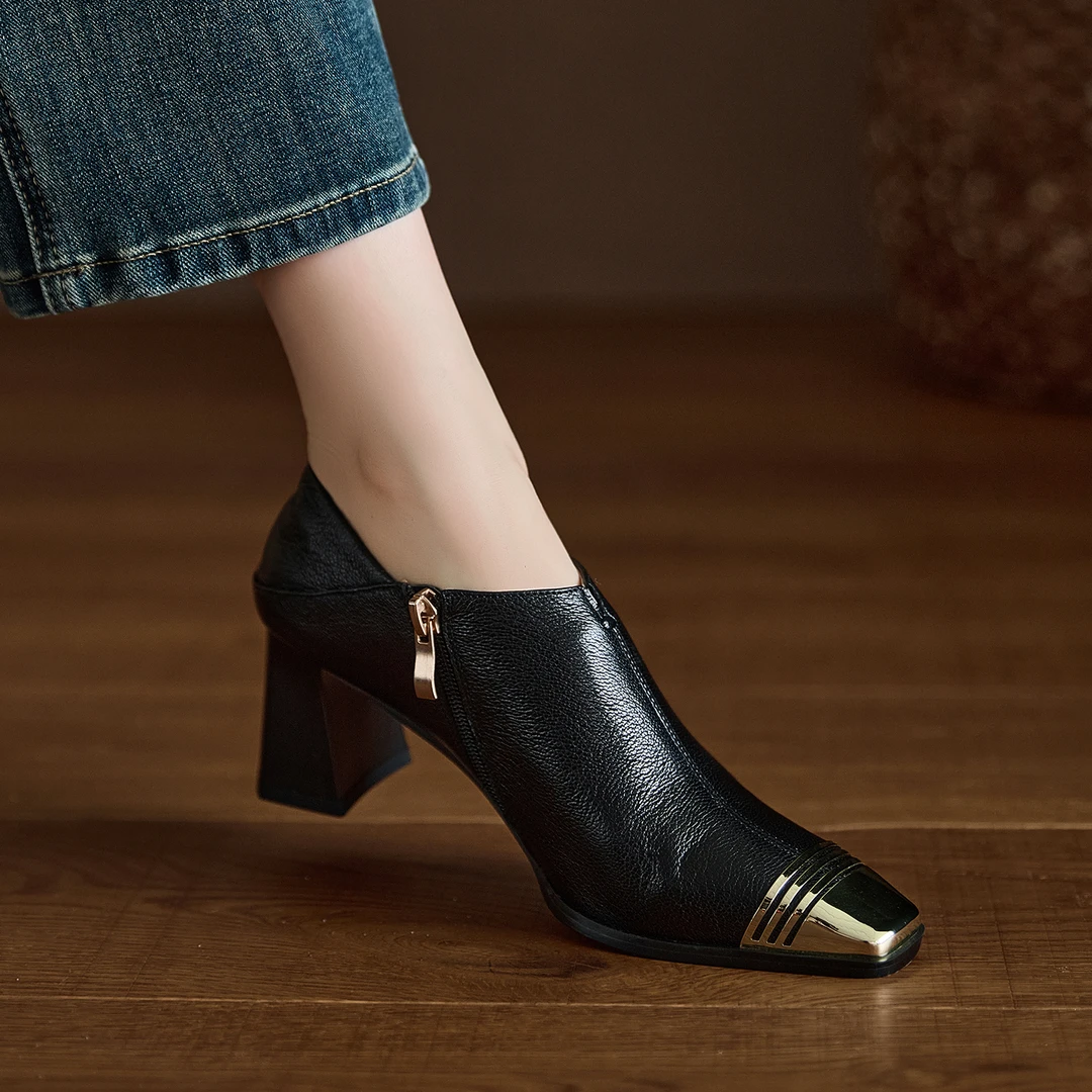 小个子增高6.5cm~法式复古金属头粗跟侧拉链深口单鞋女气质高跟鞋