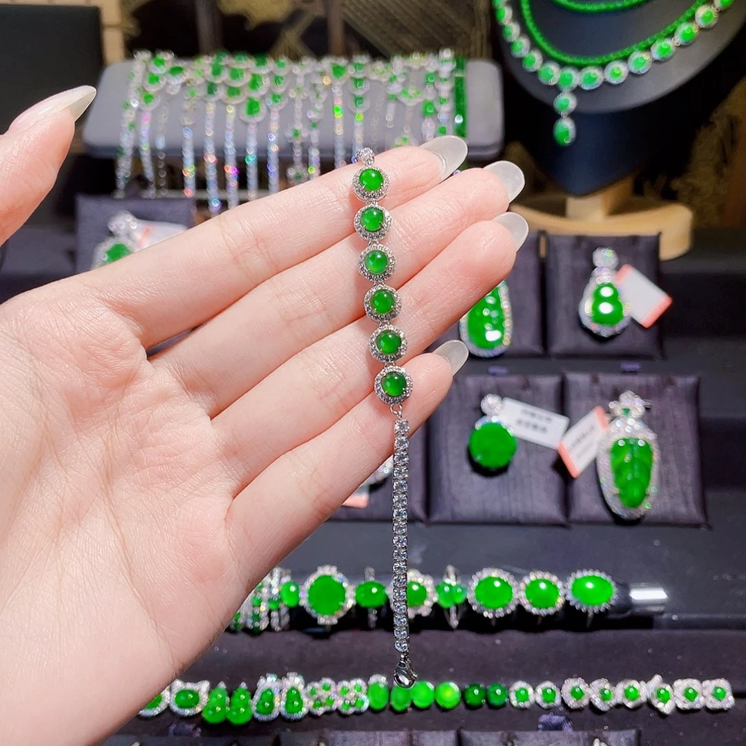 白***紫翡翠银S925镶嵌手链蛋面