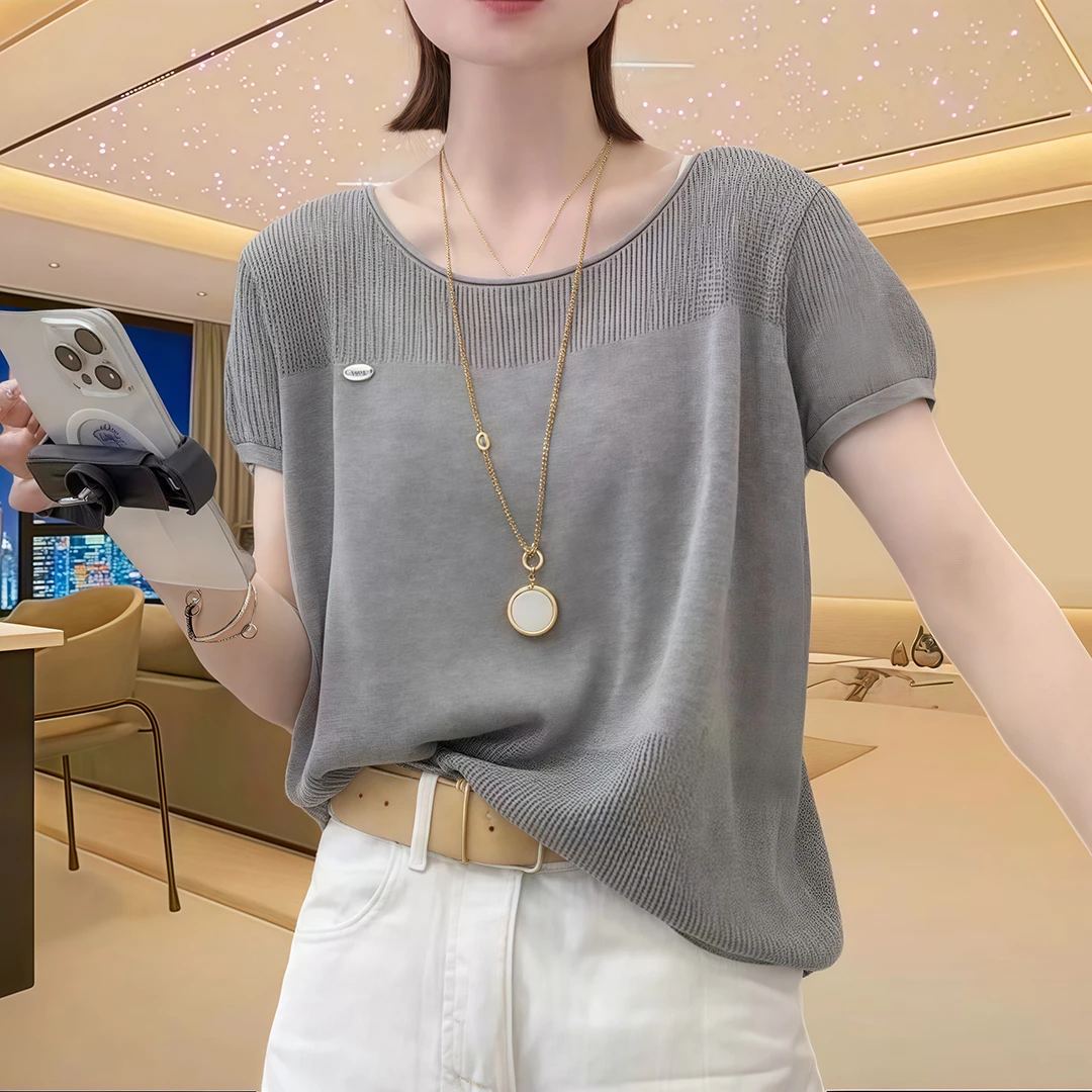 2夏季纯色圆领短袖镂空针织衫女休闲简约套头百搭显瘦宽松上衣