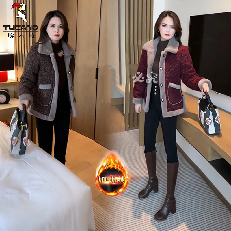 啄木鸟毛呢外套2025年新款时尚短上衣洋气女装加绒加厚冬装呢子