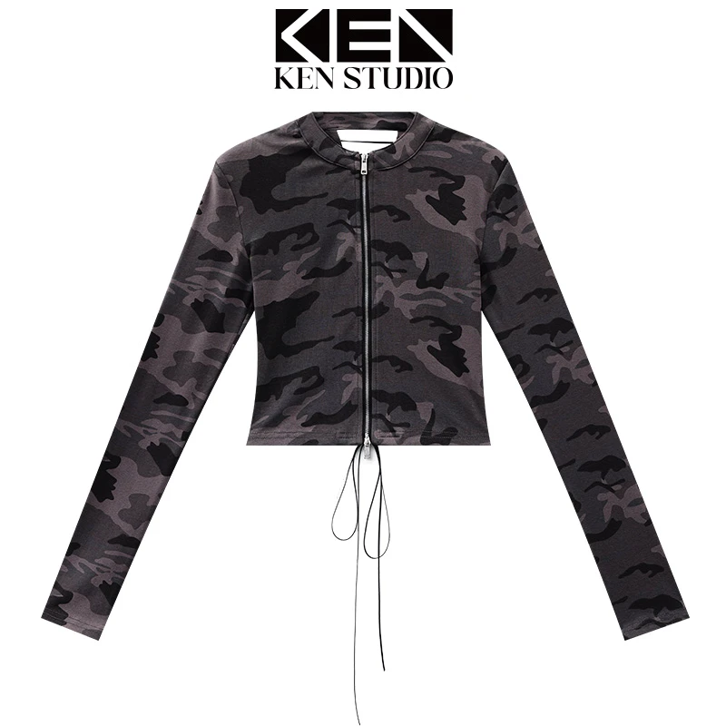 KEN STUDIO春季新款美式复古绿色迷彩长袖T恤绑带露背开衫女上衣