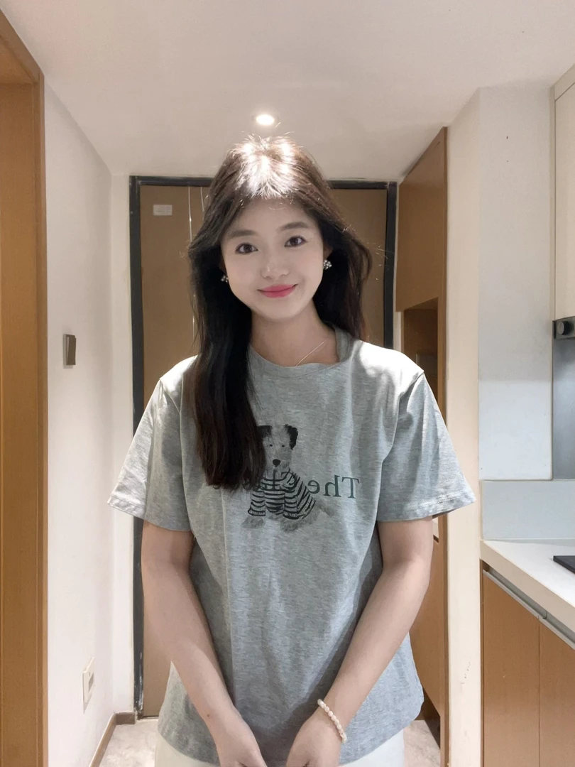 Nideaxi 韩系小狗头短袖圆领T恤宽松灰色韩版印花夏季