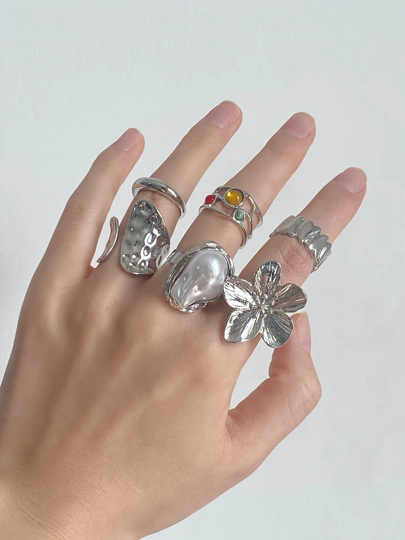 铜合金亚克力戒指 液态金属花朵开口戒指6件套