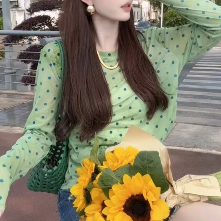 设计感波点显瘦圆领长袖T恤女夏季2025薄款时尚百搭休闲洋气上衣