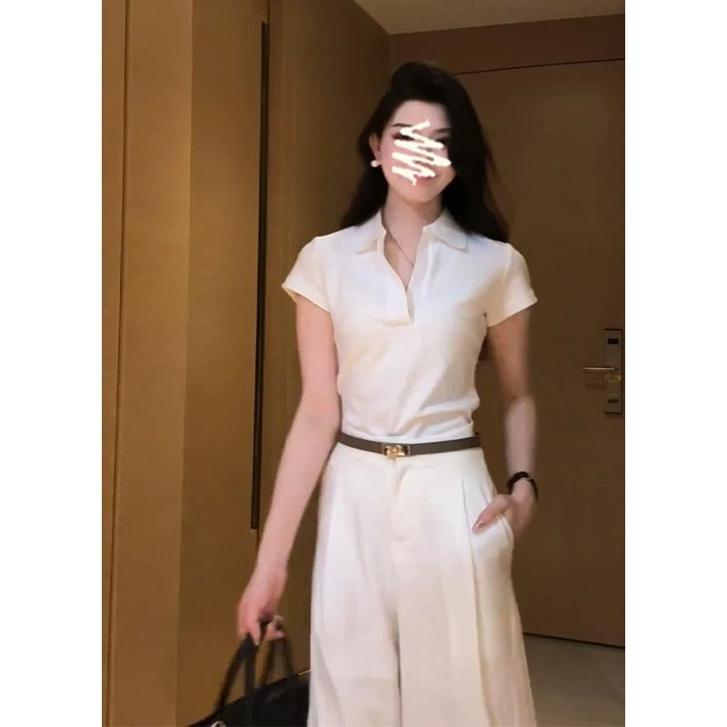 2025新款夏季POLO领短袖T恤女白色正肩修身气质显瘦休闲减龄上衣