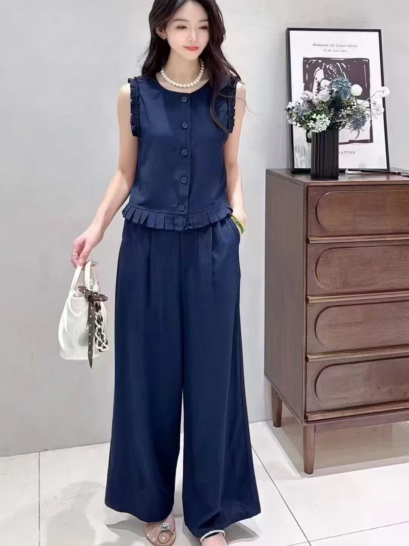 2025夏款时尚圆领无袖上衣+阔腿裤两件套修身显瘦气质百搭套裤