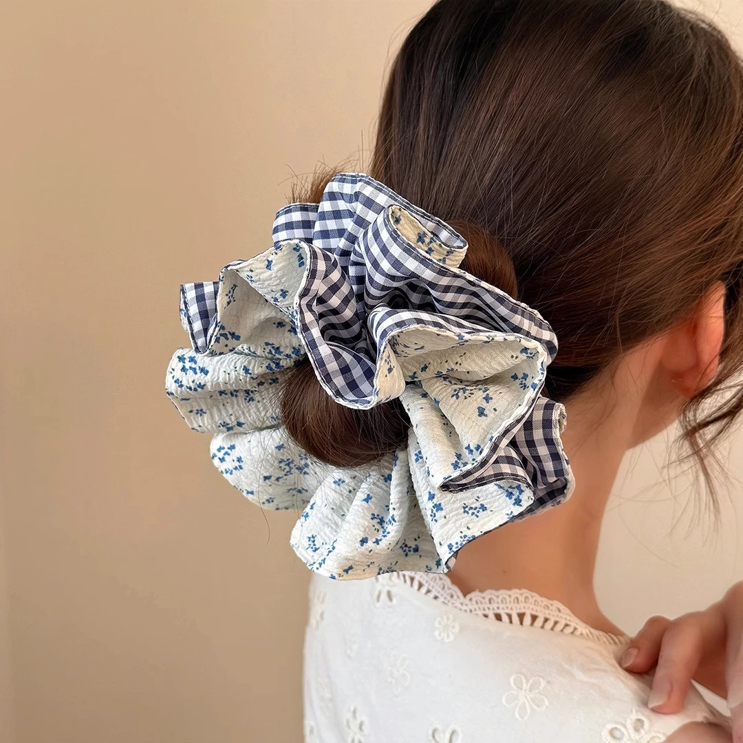 双层碎花小蛮腰大肠发圈高弹力不伤发丸子头发饰小清新格纹头花女