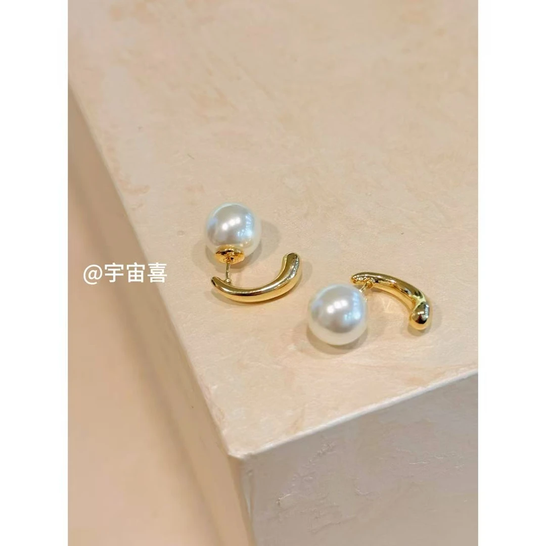 铜合金仿珍珠耳饰 I3-050【白色贝珠小尾巴金色前后耳钉】