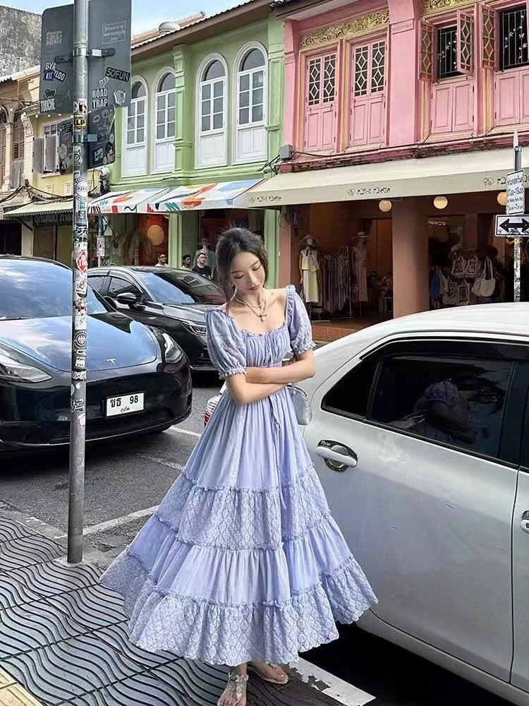 ES.南油原创早秋法式松紧腰长裙拼接裙子泡泡袖打揽显瘦连衣裙