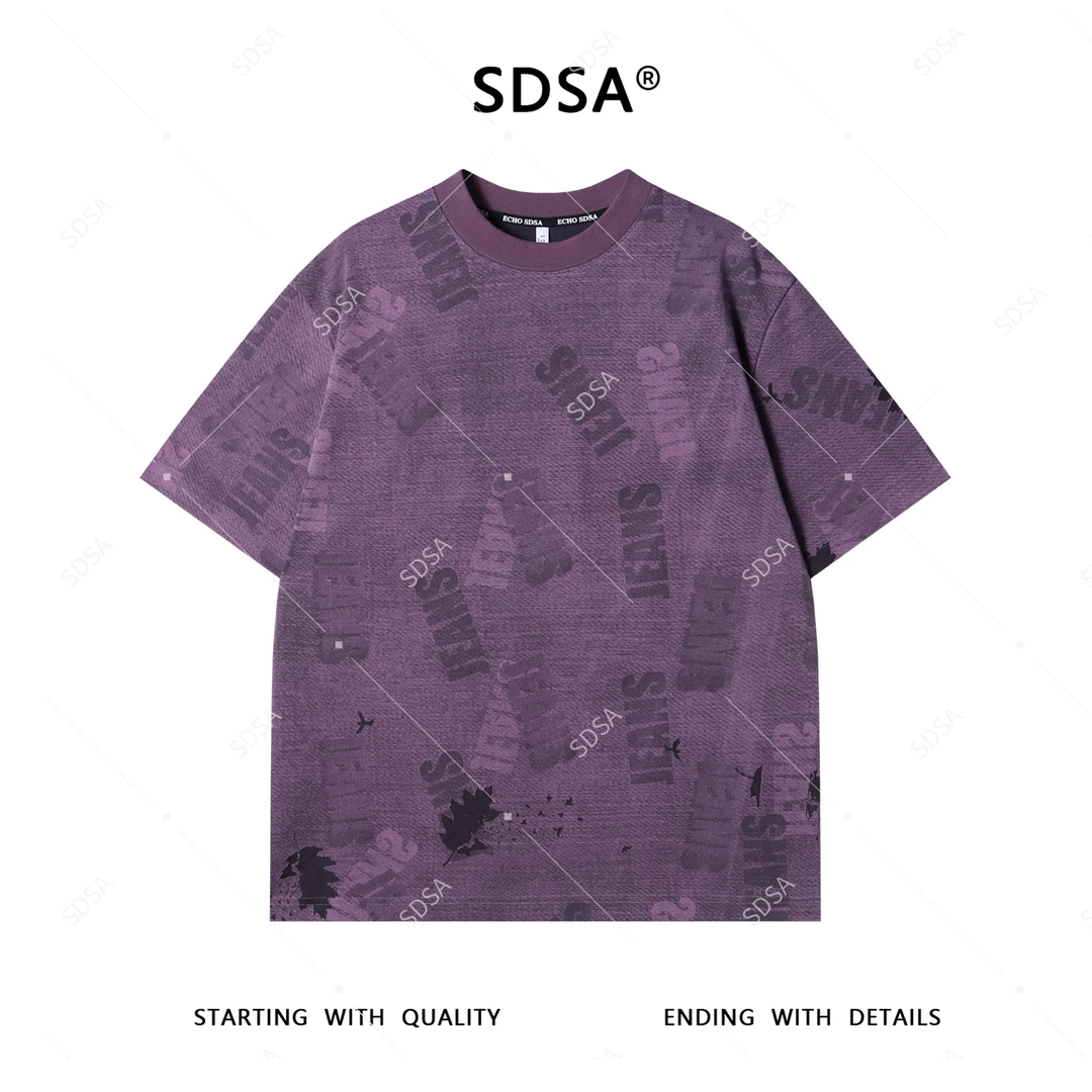 SDSA夏季新款男士痞帅美式简约满印字母圆领短袖T恤做旧百搭上衣