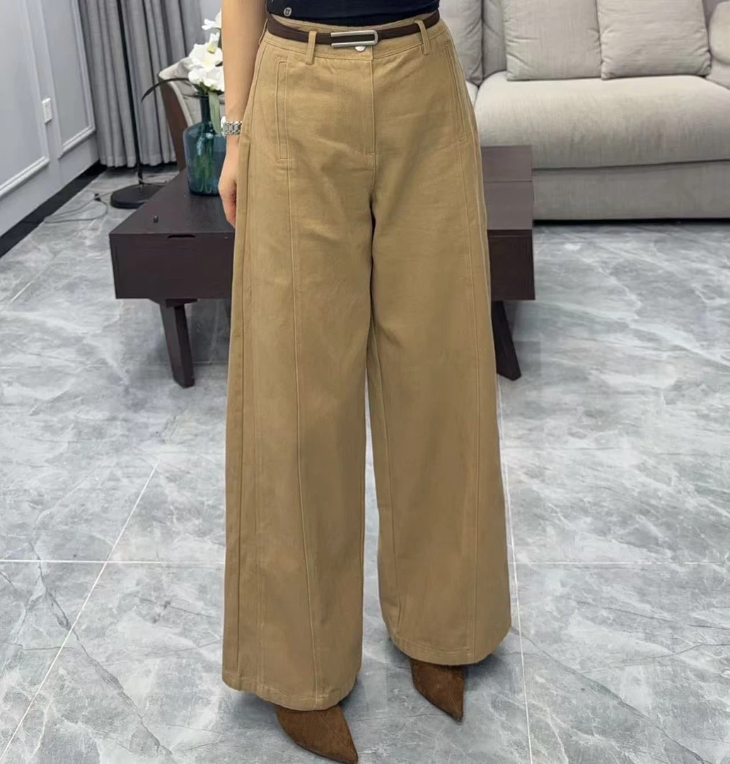 【OZZ—85859】简约高腰一粒扣挺括卡其色阔腿长裤百搭时尚