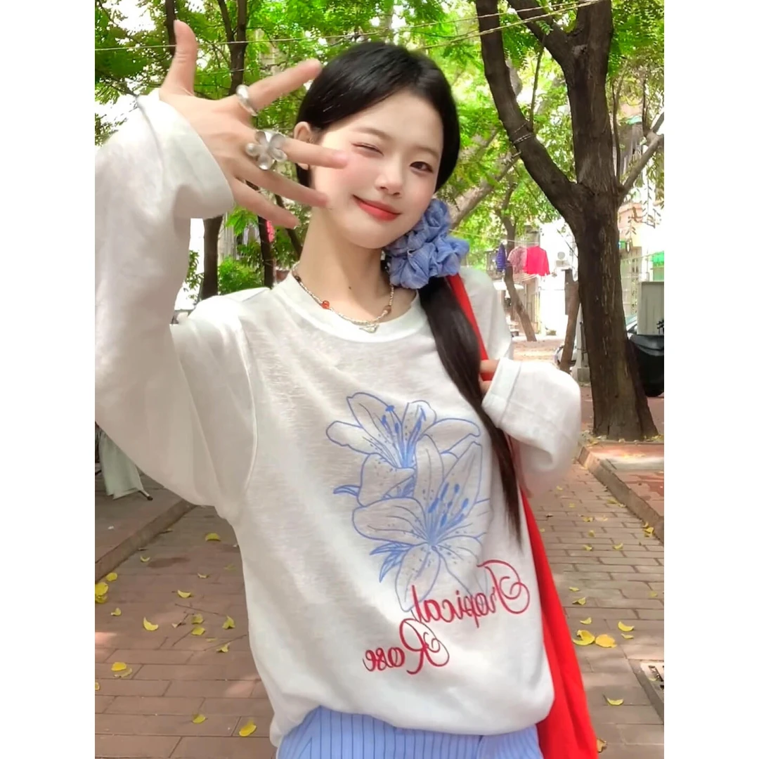 韩系印花宽松长袖女2025春夏小个子慵懒感薄款防晒罩衫百搭上衣潮