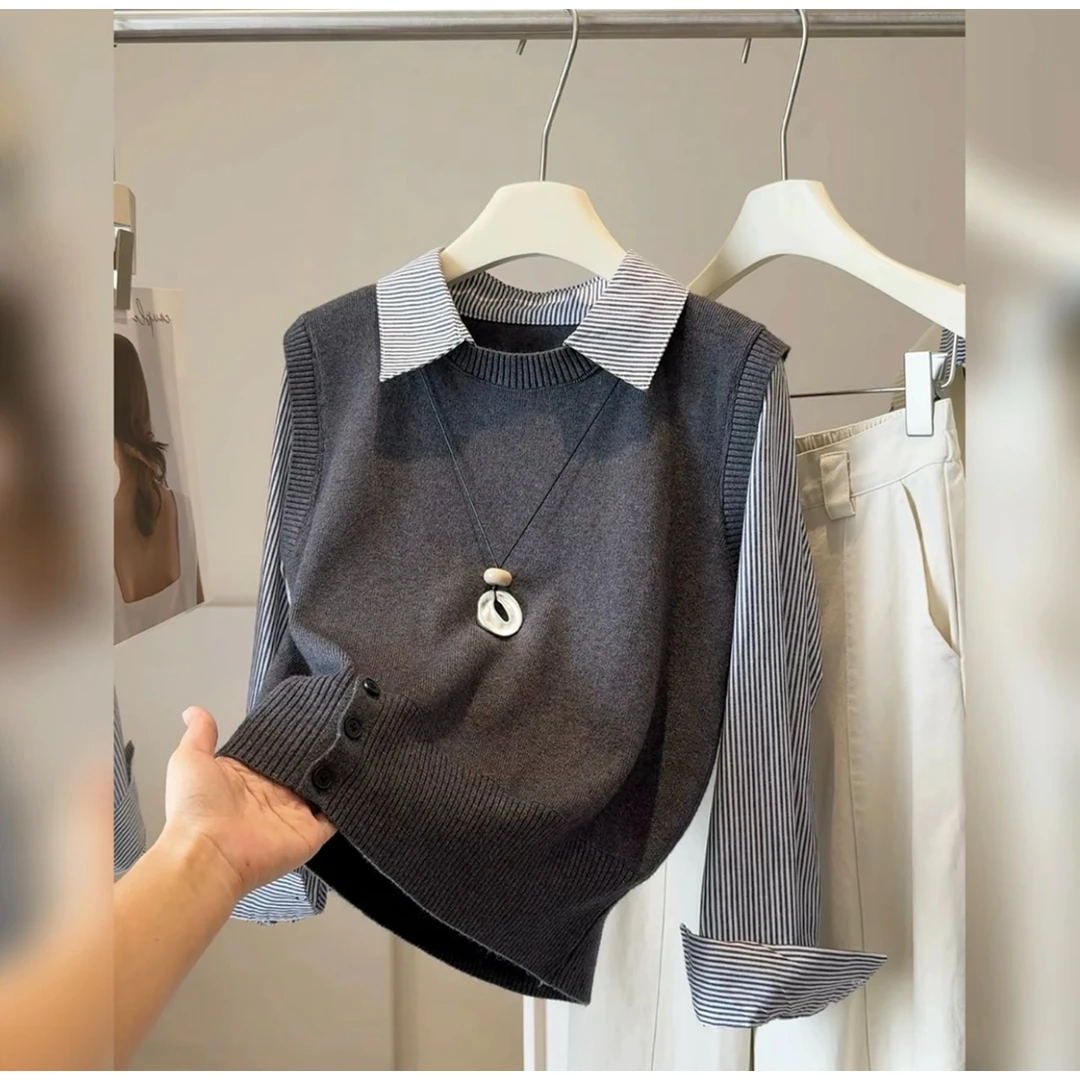 学院风假两件针织马甲叠穿条纹衬衫女秋季大码减龄收腰设计感上衣