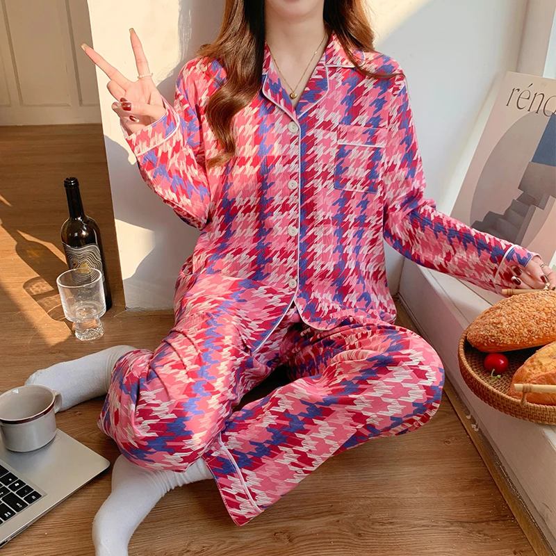 【老眯专属】软糯亲肤·千鸟格显白洋气绵绸质感睡衣家居套装