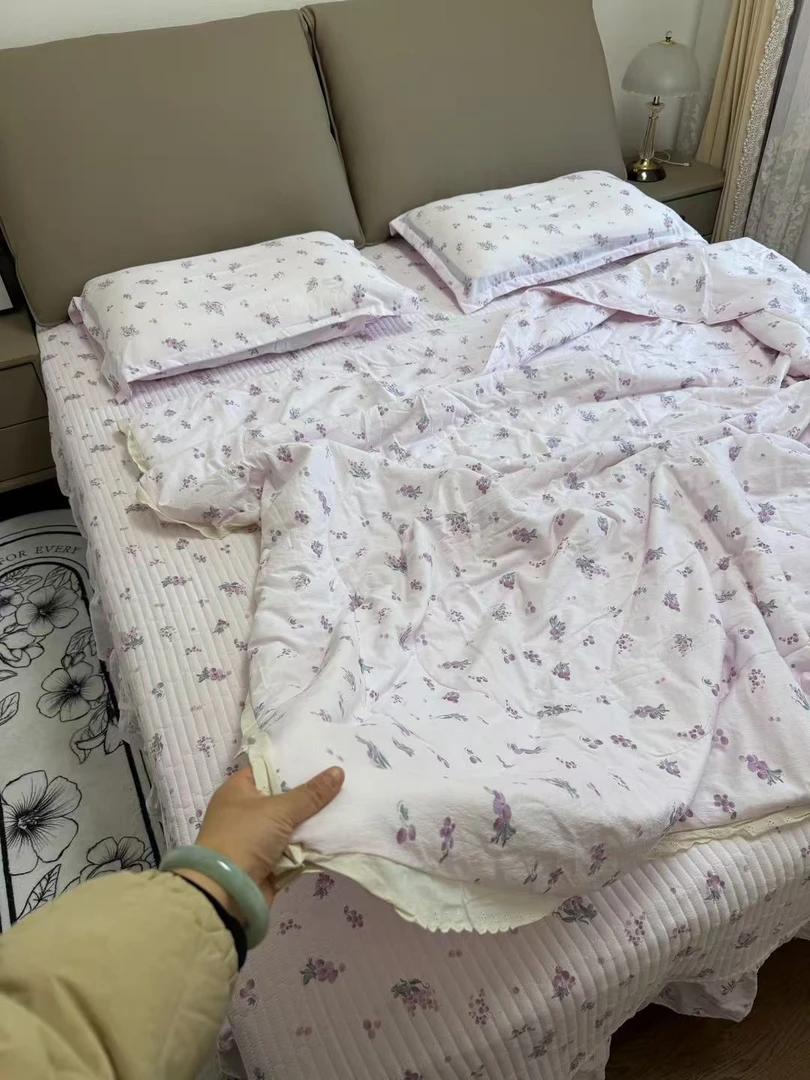 夏被床盖四件套皱皱纱法式复古针织花边皱皱纱夏被床盖四件套