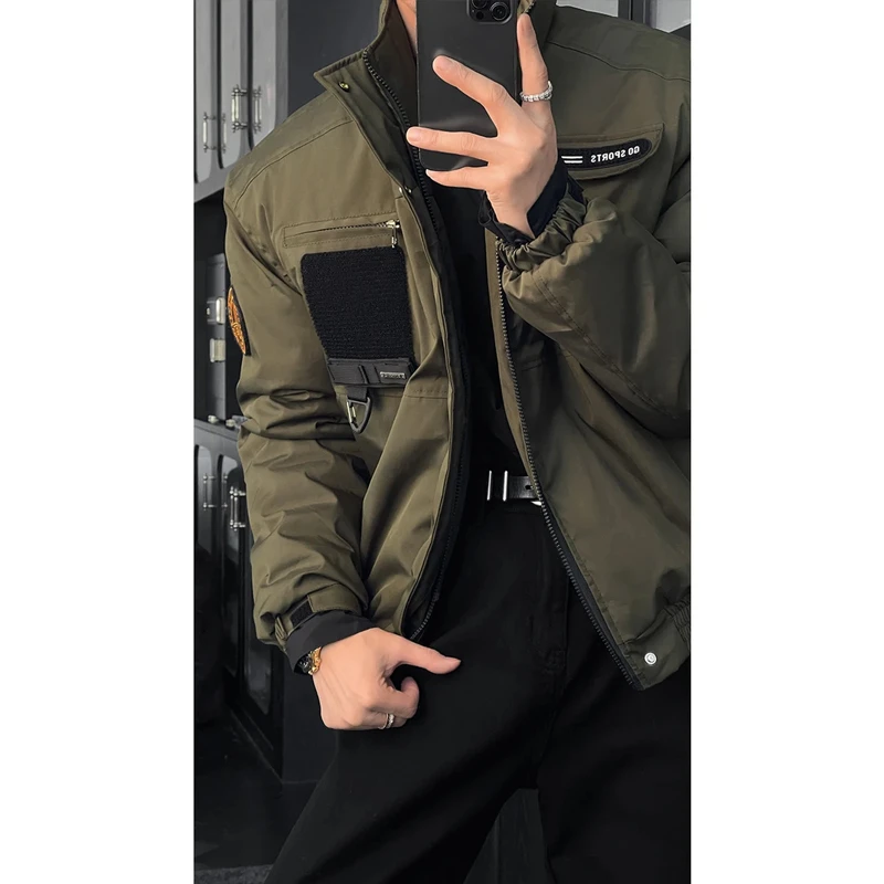 龙叨叨秋冬新款美式复古骑兵服廓形立领百搭棉服飞行员夹克外套