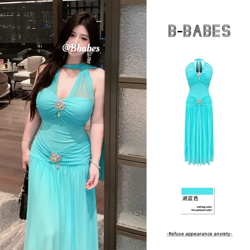 B-babes【夏夜荧光】法式气质名媛挂脖连衣裙高级轻奢网纱收腰裙