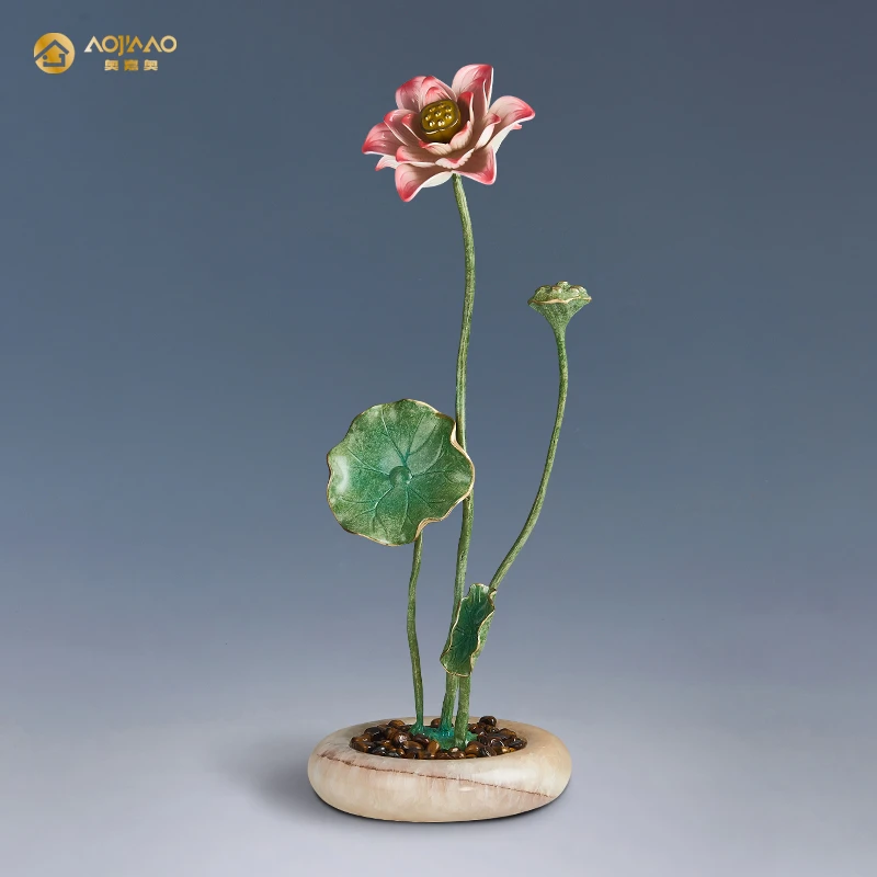 新中式莲花荷花黄铜摆件工艺品乔迁新居客厅玄关壁龛装饰开业礼品