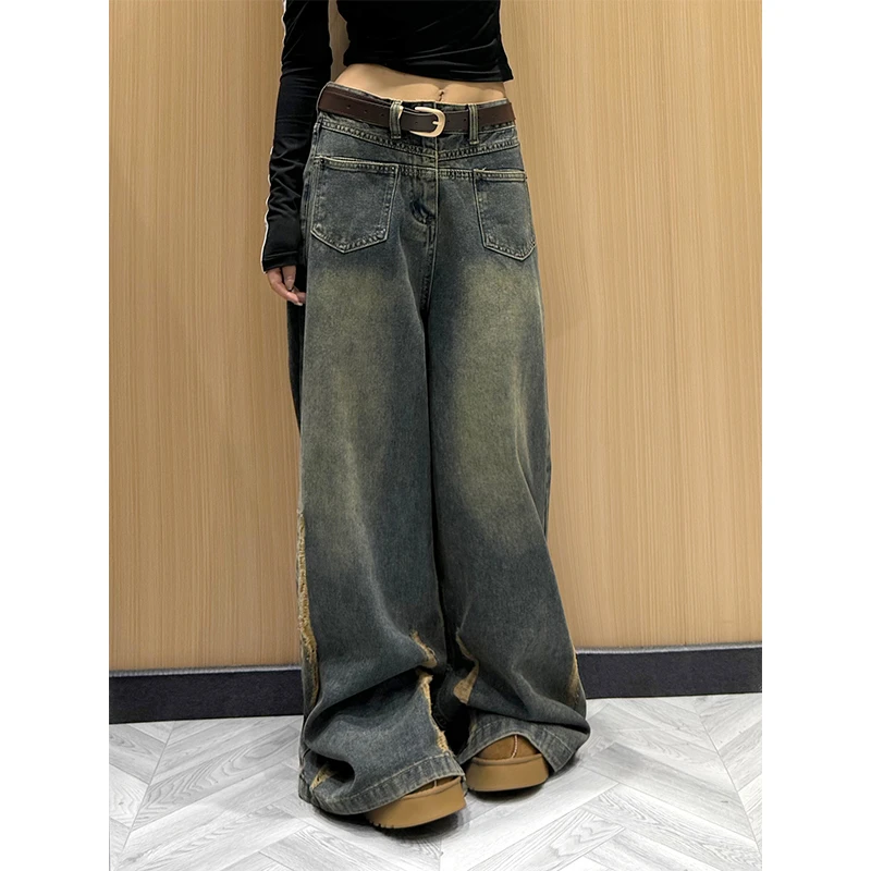 300斤大码女装做旧水洗阔腿牛仔裤女胖mm2025新款美式直筒拖地裤