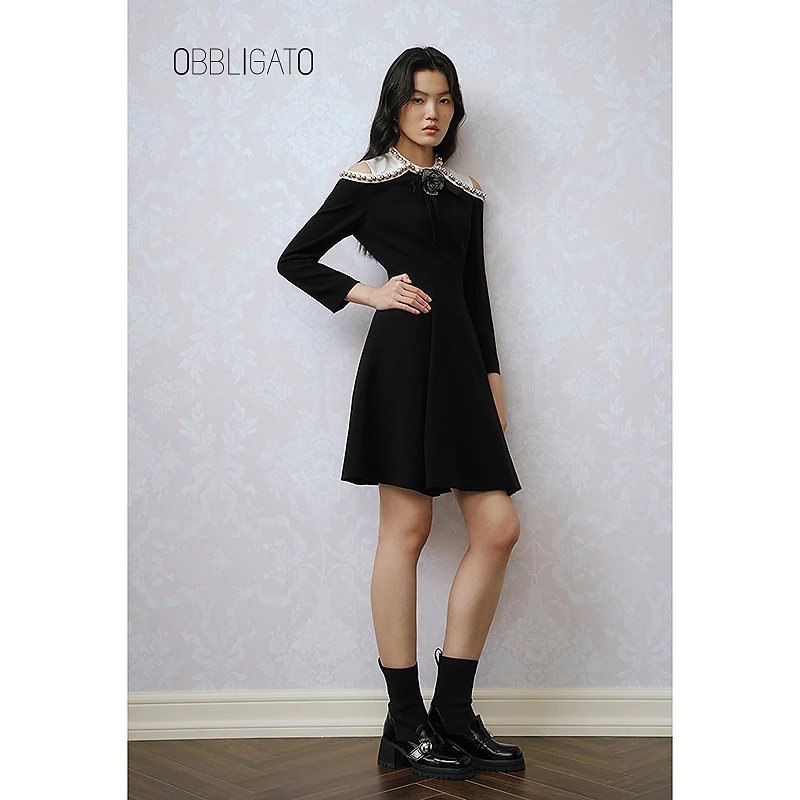 OBBLIGATO奥丽嘉朵春季1C33105700钉珠撞色醋酸连衣裙