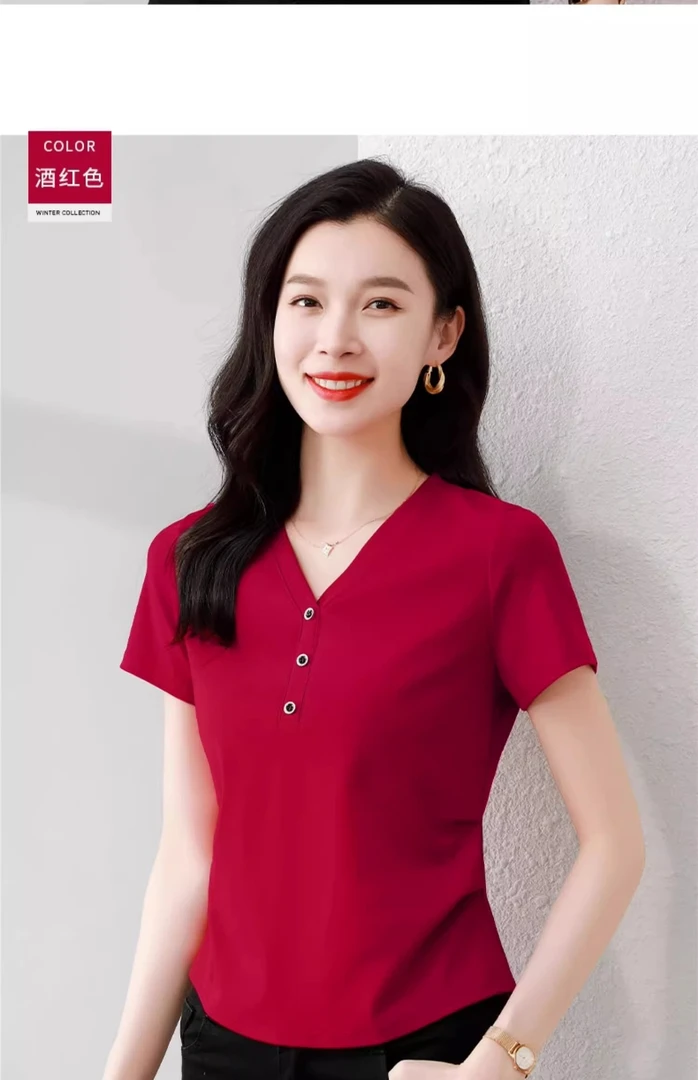 纽扣短袖纯色V领半拉链POLO女T恤夏装打底衫夏季春夏宽松t恤