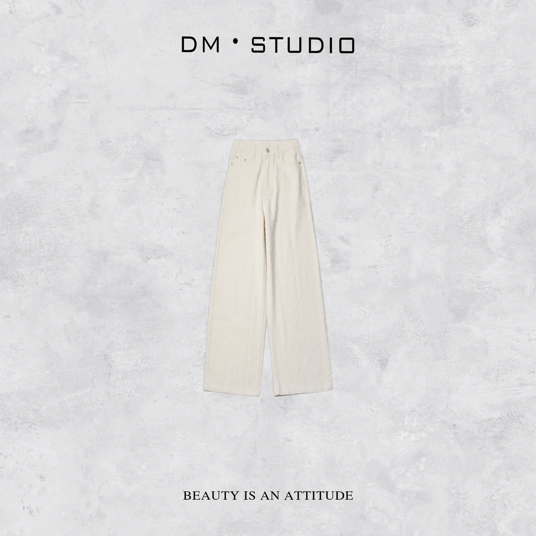 -DM•STUDIO/气质百搭时尚显瘦米白色拖地直筒牛仔裤（25162）