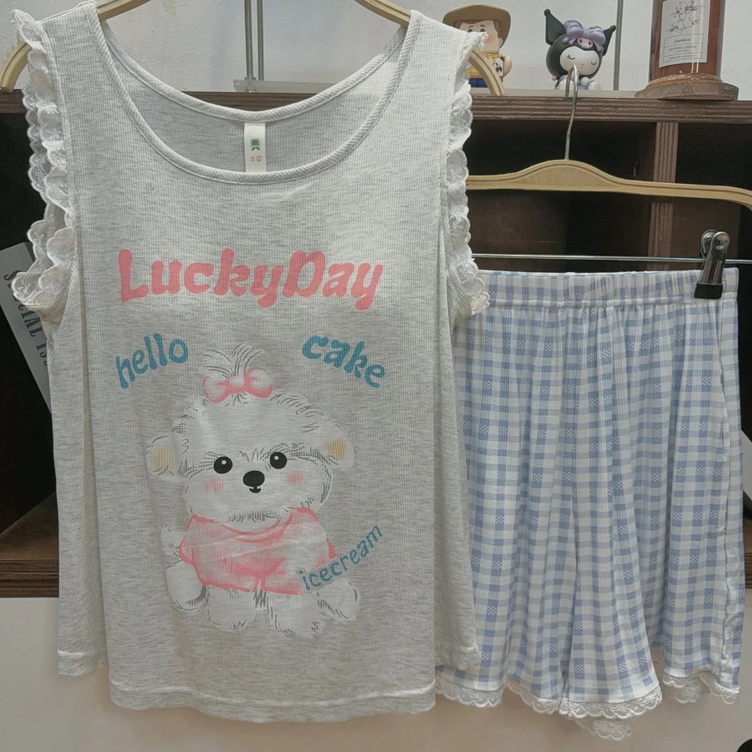 2025年新款莫代尔睡衣女夏季背心短裤家居服卡通小狗带胸垫套装