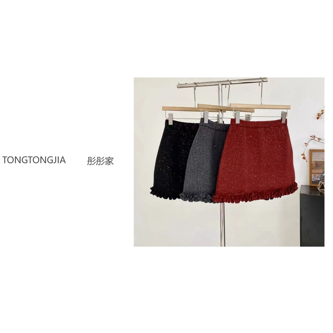 【TONGTONGJIA】新款法式木耳边亮晶晶韩系显瘦温柔甜美a字短裙