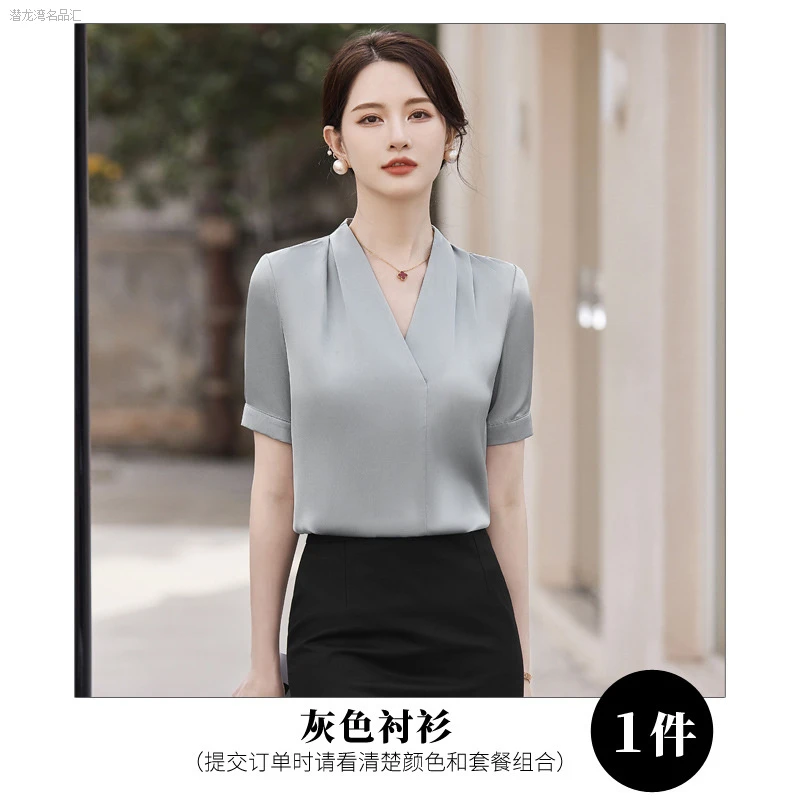 气质小短袖衬衫女2025夏季新款法式缎面垂感通勤职业上衣