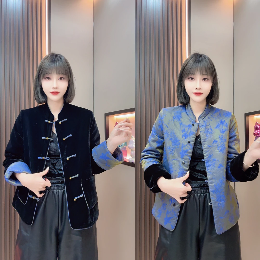 敏宝儿➕13015新中式国风立领盘扣马蹄袖长袖两面穿显瘦棉服外套