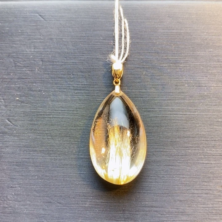 颈饰18K金镶嵌发晶天然金发晶水滴锁骨链女士吊坠