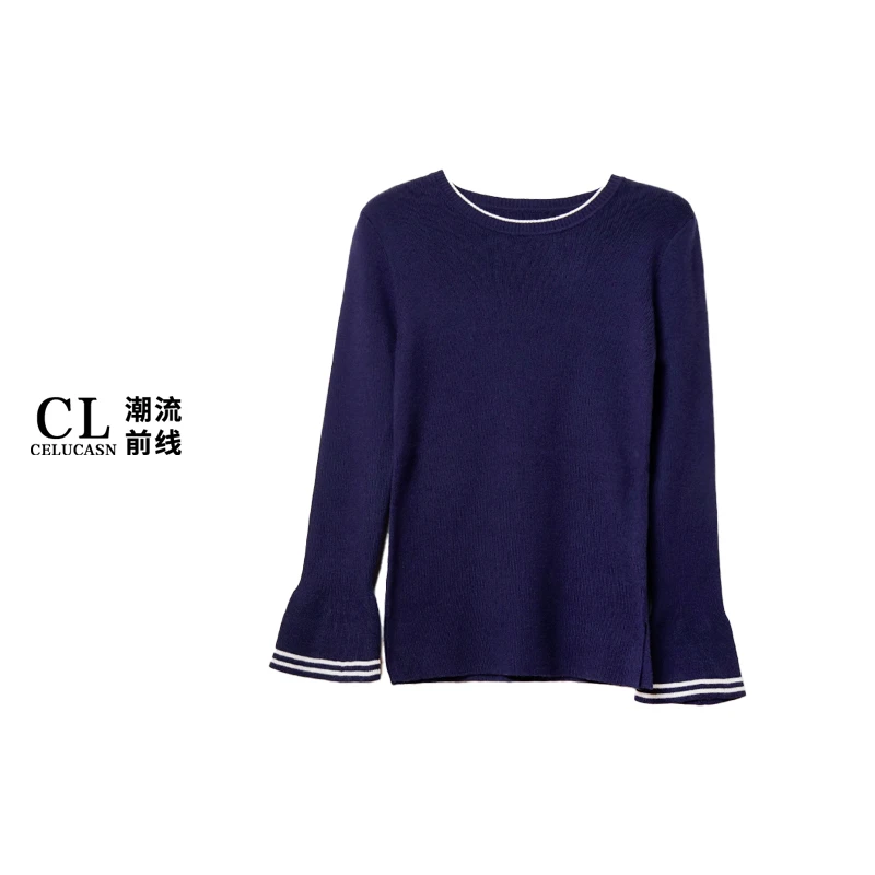 春7RI6652#早春新款纯色女圆领休闲宽松套头针织打秋