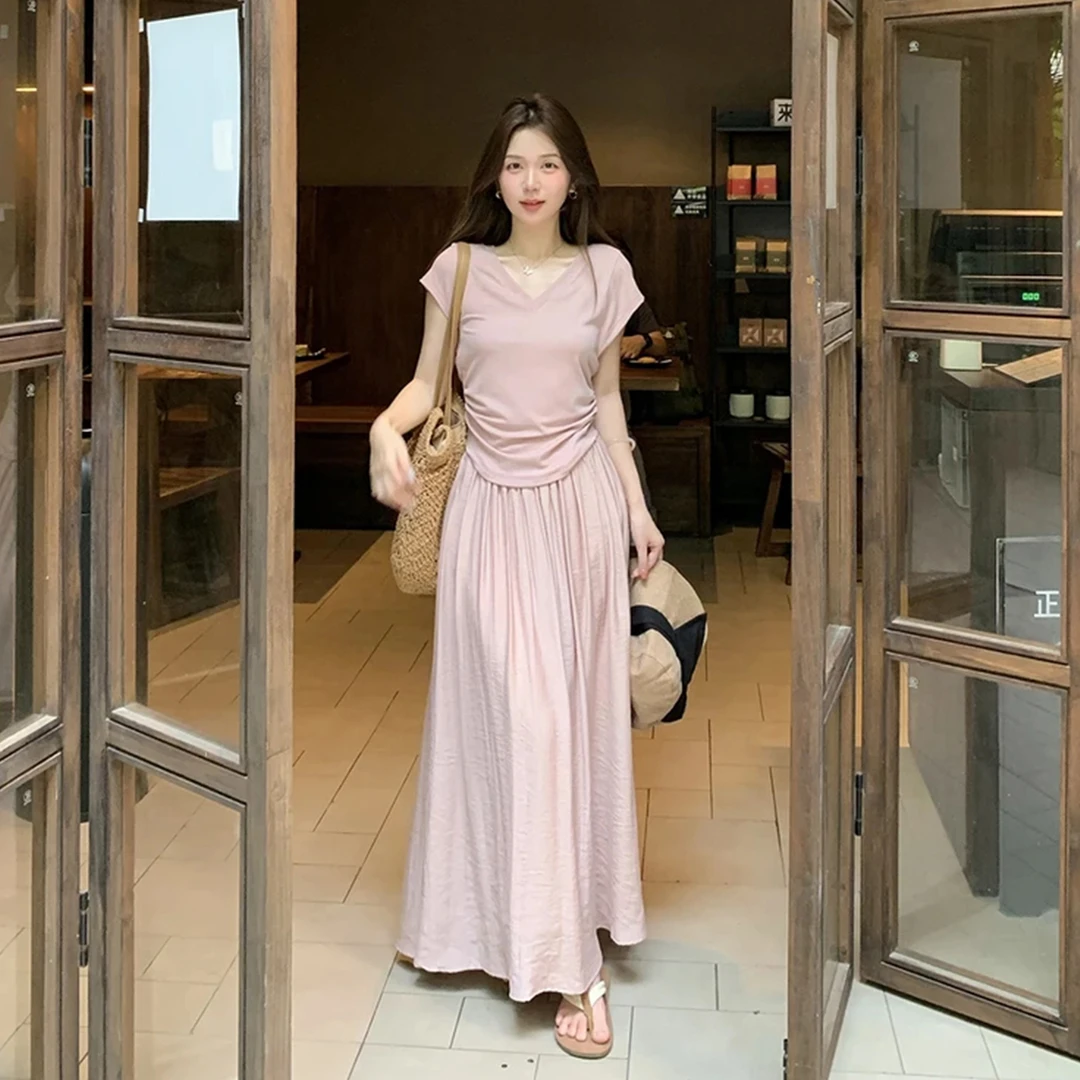 韩版淑女半裙小个子粉色套装2025夏季新款气质休闲V领短袖T恤女装