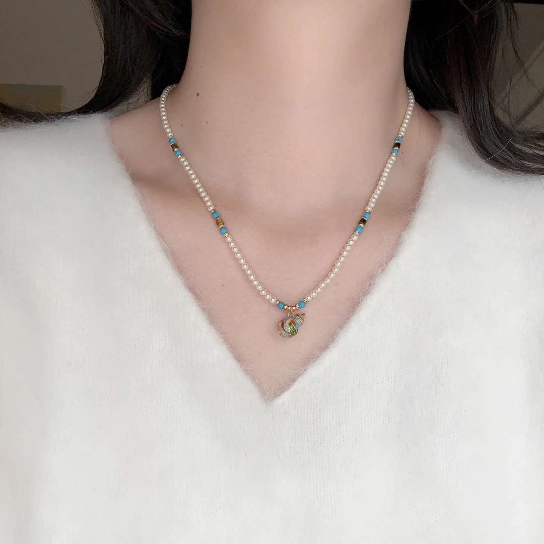 铜合金珐琅项链 蓝色珐琅釉葫芦3mm小米珠中长款项链新中式复古