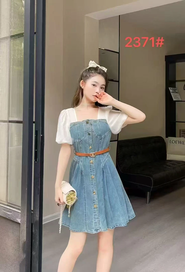 2371【裙长83】小香风洋气拼接牛仔连衣裙女夏季薄款短款连衣裙