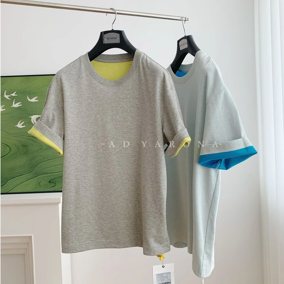 断码福利售完无 夏季极简百搭休闲舒适短袖拼接圆领T恤宽松 轻罗