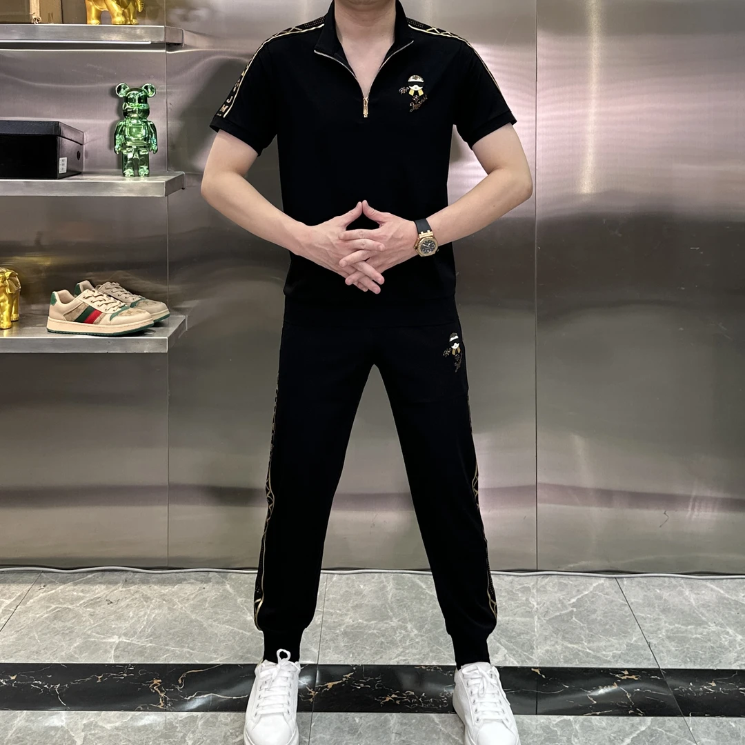 【麦炫严选】夏季立领拉链衫男休闲百搭高棉短袖裤子套装TZ5175