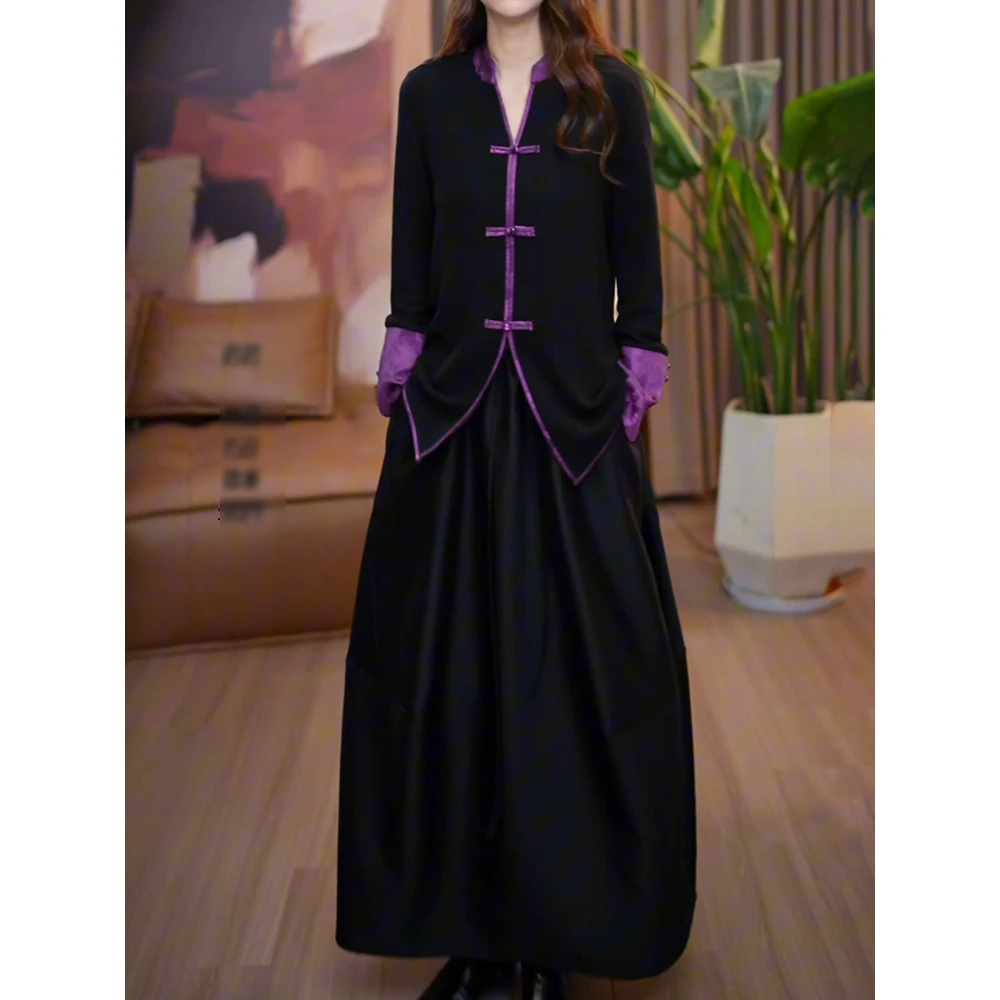 新中式国风女装高级感轻奢2025新洋气撞色拼接v领衬衫纯色半身裙