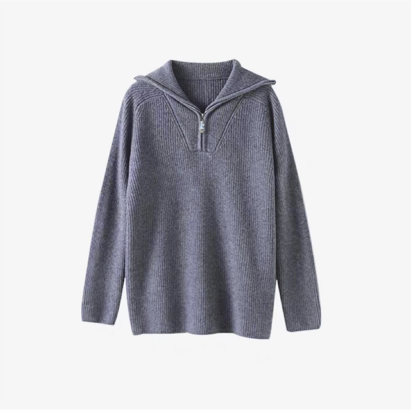 清-汤圆吖神秘灰翻领复古半拉链设计宽松慵懒针织衫毛衣273349