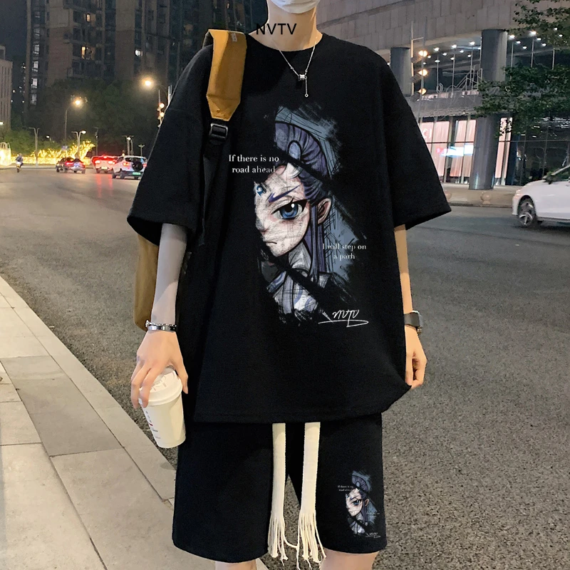 华夫格两件套时尚休闲运动套装男士夏季T恤潮牌潮流帅气短袖短裤