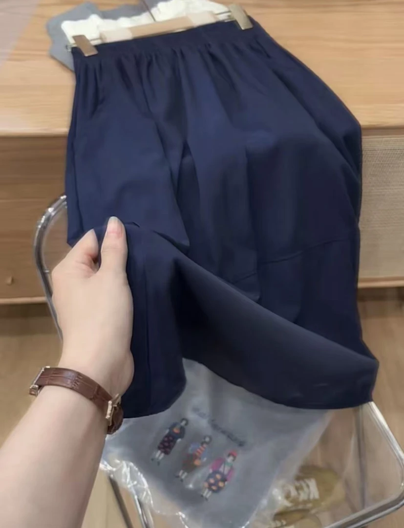 七言家 巨好看！ins日系爆火穿搭藏青花苞口袋松紧腰半裙8-1@