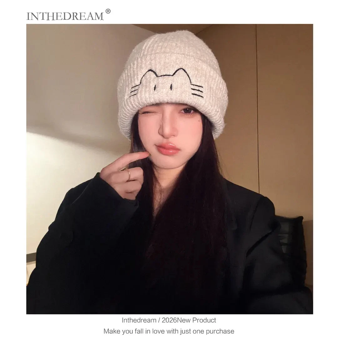 韩系秋冬加厚猫咪毛绒绒针织女保暖百搭毛线帽显脸小护耳帽可爱