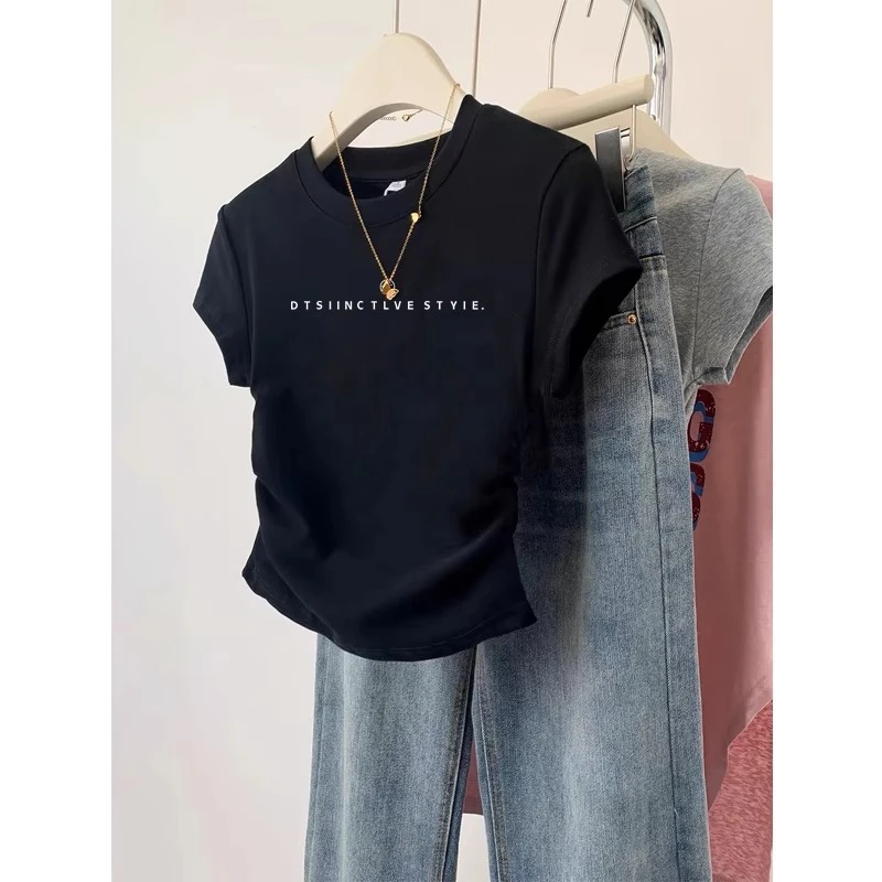 新款印花不规则圆领上衣大码胖m正肩短袖t恤女秀气质百搭时尚