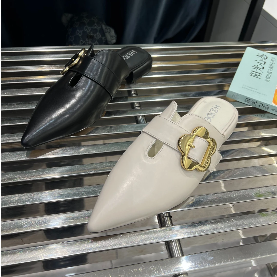 [大韩韩]早春新款2101-1胎牛皮尖头舒适百搭1cm左右平底包头拖