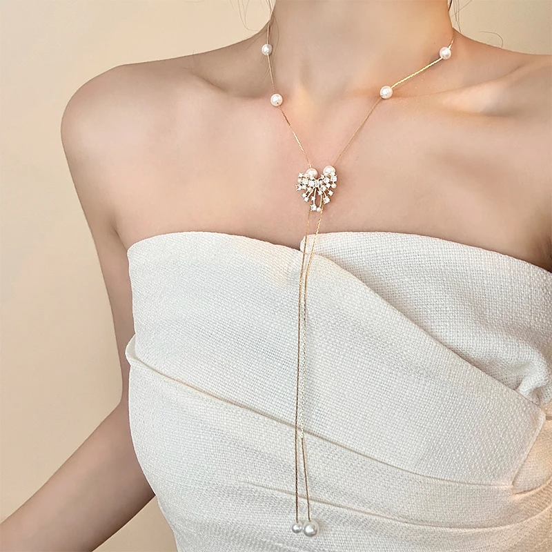 铜仿珍珠项链 贝珠蝴蝶结抽拉毛衣链女轻奢高级感颈链锁骨链7341