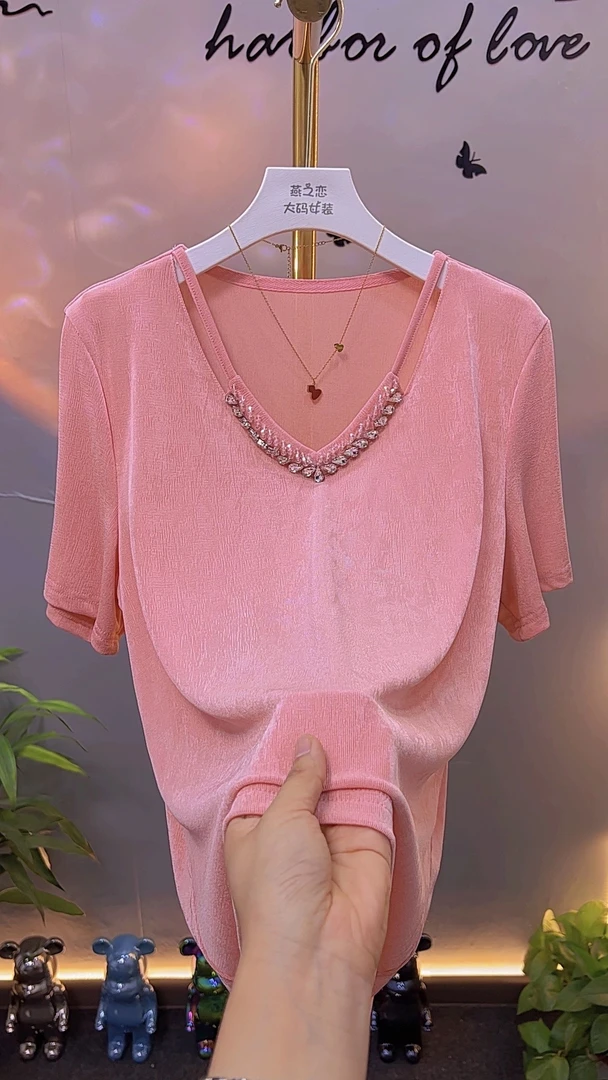 2025年.8035新款手工串珠大粒钻冰凉短袖时尚休闲百搭女士大码