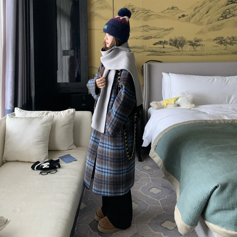 蓝色格纹设计感两面穿羊毛大衣女2025新款冬季长款过膝双面呢外套