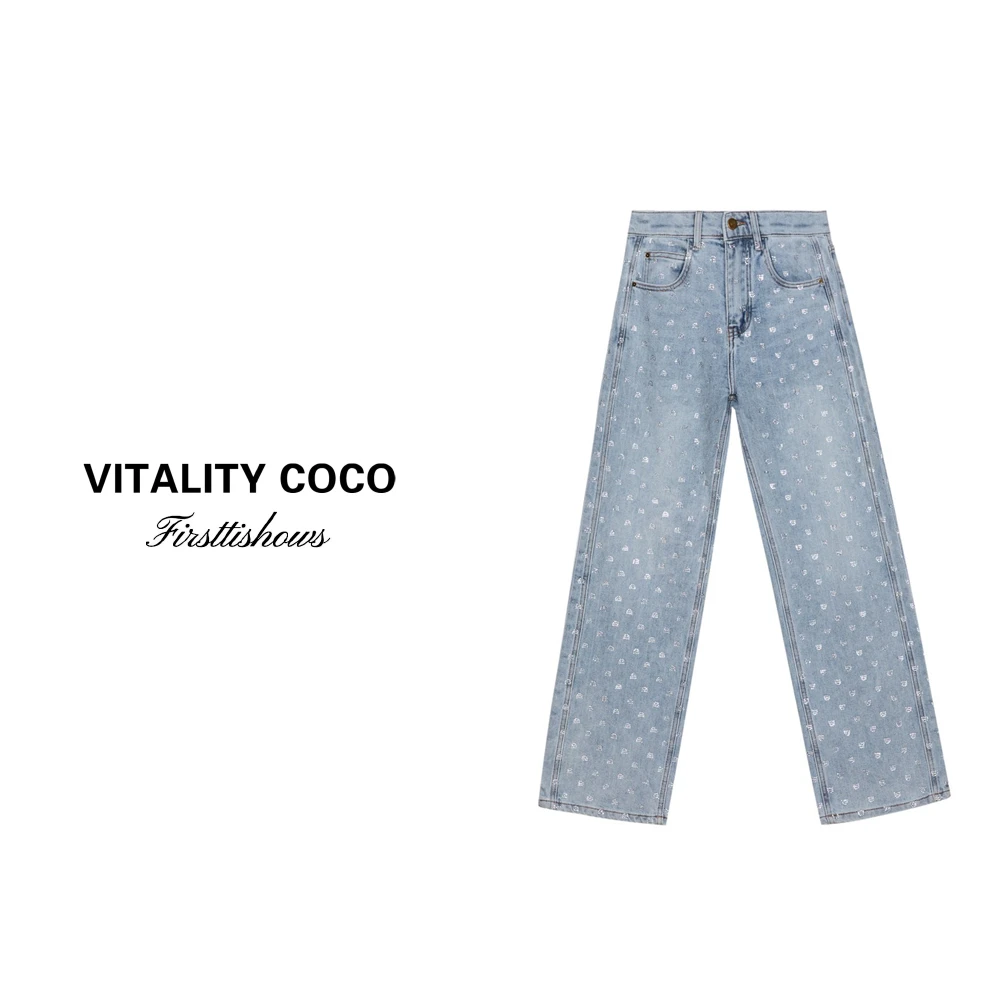 「VITALITY COCO」"大王系列" 1高腰阔腿满钻直筒裤百搭牛仔裤253