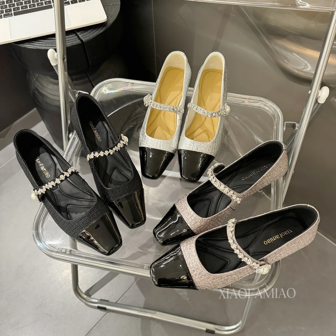 小发喵赫本小香风百搭方头浅口水钻气质一字带跟鞋999